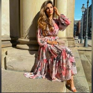 H&M Conscious Boho Pink Floral Peony Rose Chiffon Maxi Dress Blogger’s Favorite